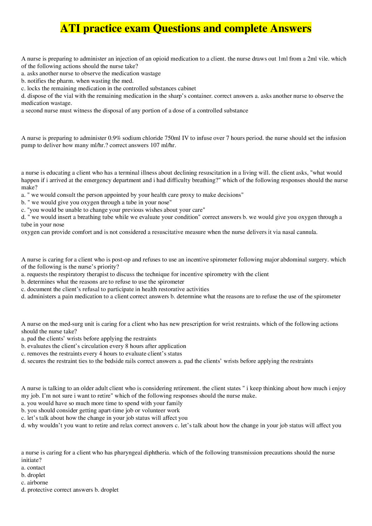 Preview image for ATI practice exam Questions and complete Answers